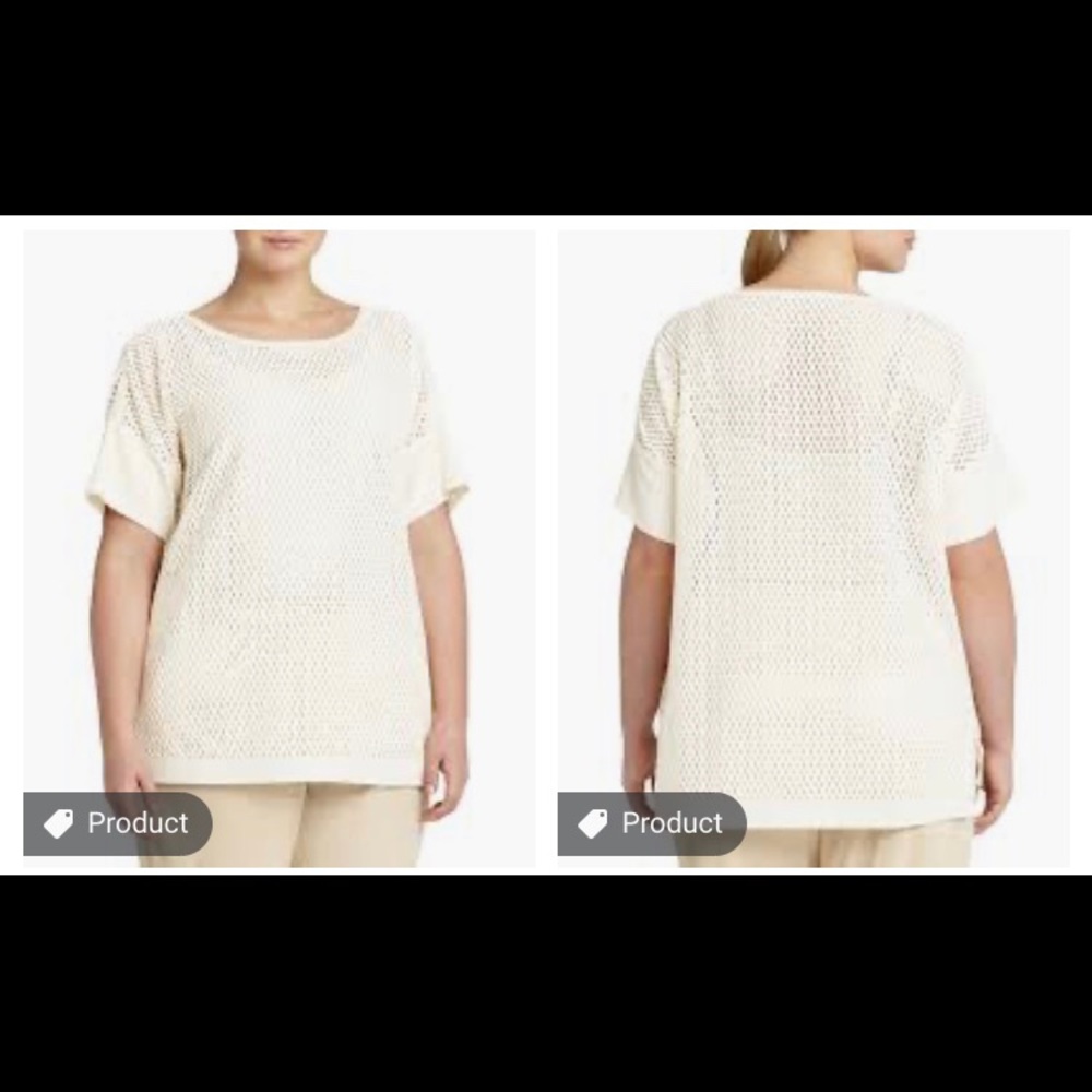 Lafayette 148 Camira cream open weave leather trim short sleeve shirt size L